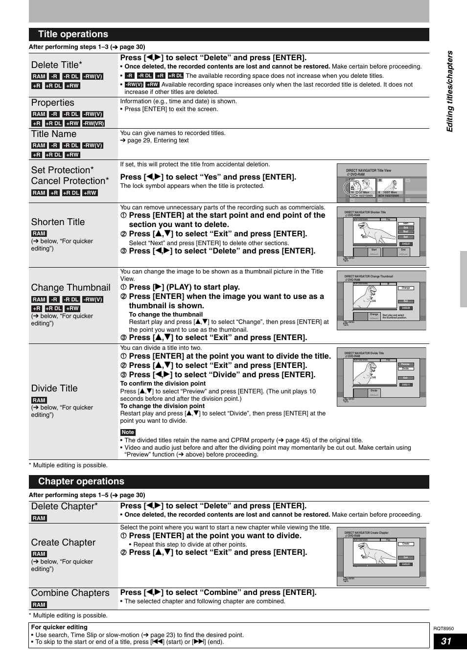 Title operations delete title, Properties, Title name | Set protection* cancel protection, Shorten title, Change thumbnail, Divide title, Chapter operations delete chapter, Create chapter, Combine chapters | Panasonic DMR-ES16 User Manual | Page 31 / 48