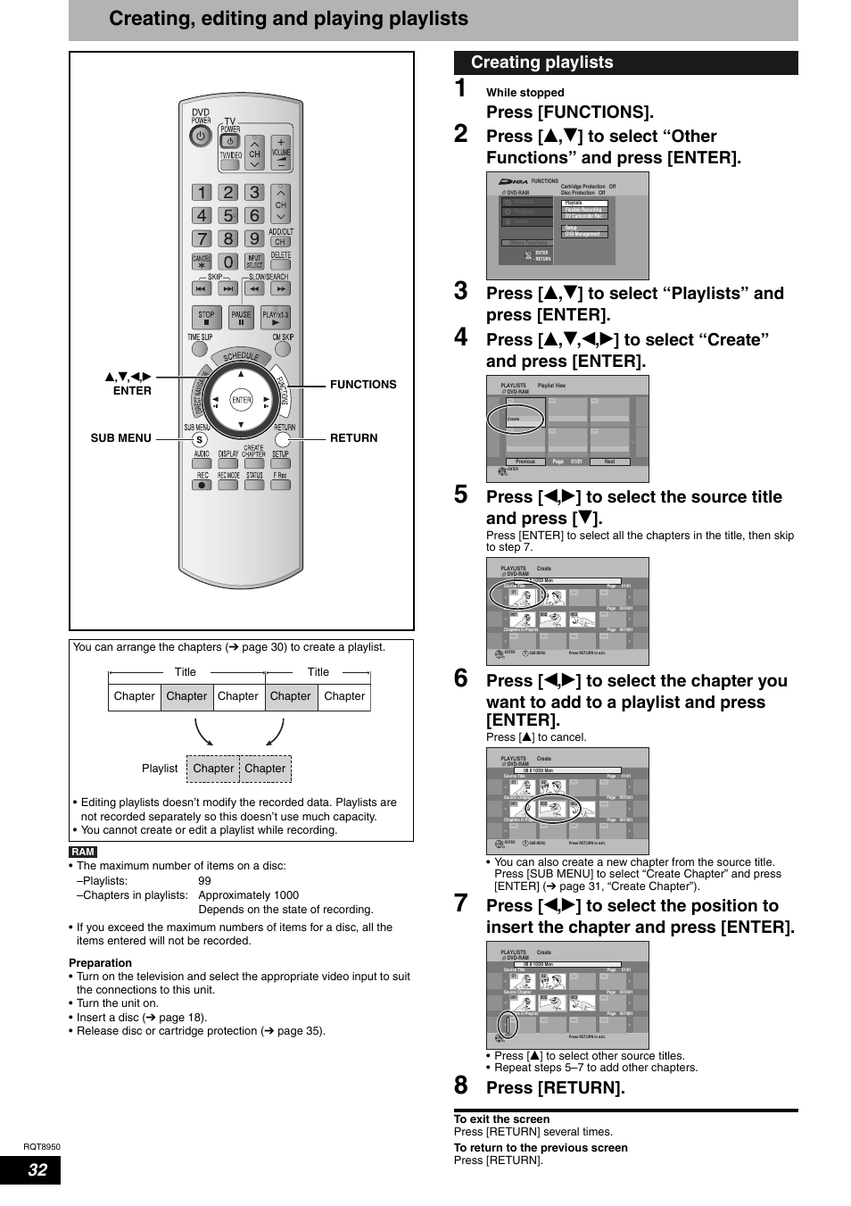 Creating, editing and playing playlists, Press [functions, Press [return | Creating playlists | Panasonic DMR-ES16 User Manual | Page 32 / 48