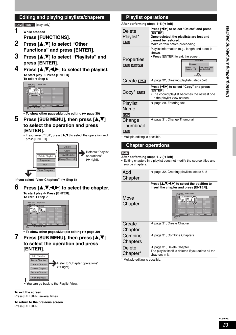 Press [functions, Press [ e , r , w , q ] to select the playlist, Press [ e , r , w , q ] to select the chapter | Editing and playing playlists/chapters, Playlist operations delete playlist, Properties, Create, Copy, Playlist name, Change thumbnail | Panasonic DMR-ES16 User Manual | Page 33 / 48