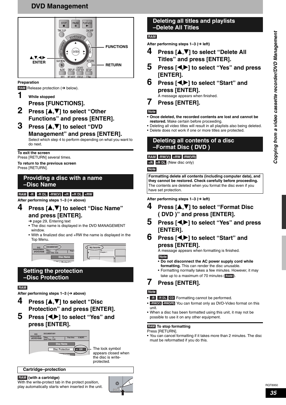 Dvd management, Press [functions, Press [ w , q ] to select “yes” and press [enter | Press [ w , q ] to select “start” and press [enter, Press [enter | Panasonic DMR-ES16 User Manual | Page 35 / 48