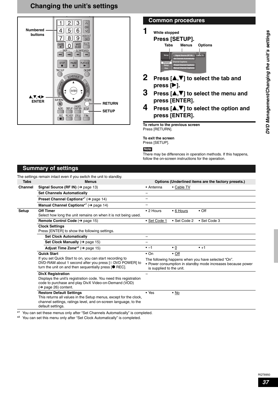 Changing the unit’s settings, Press [setup, Press [ e , r ] to select the tab and press [ q | Common procedures, Summary of settings | Panasonic DMR-ES16 User Manual | Page 37 / 48
