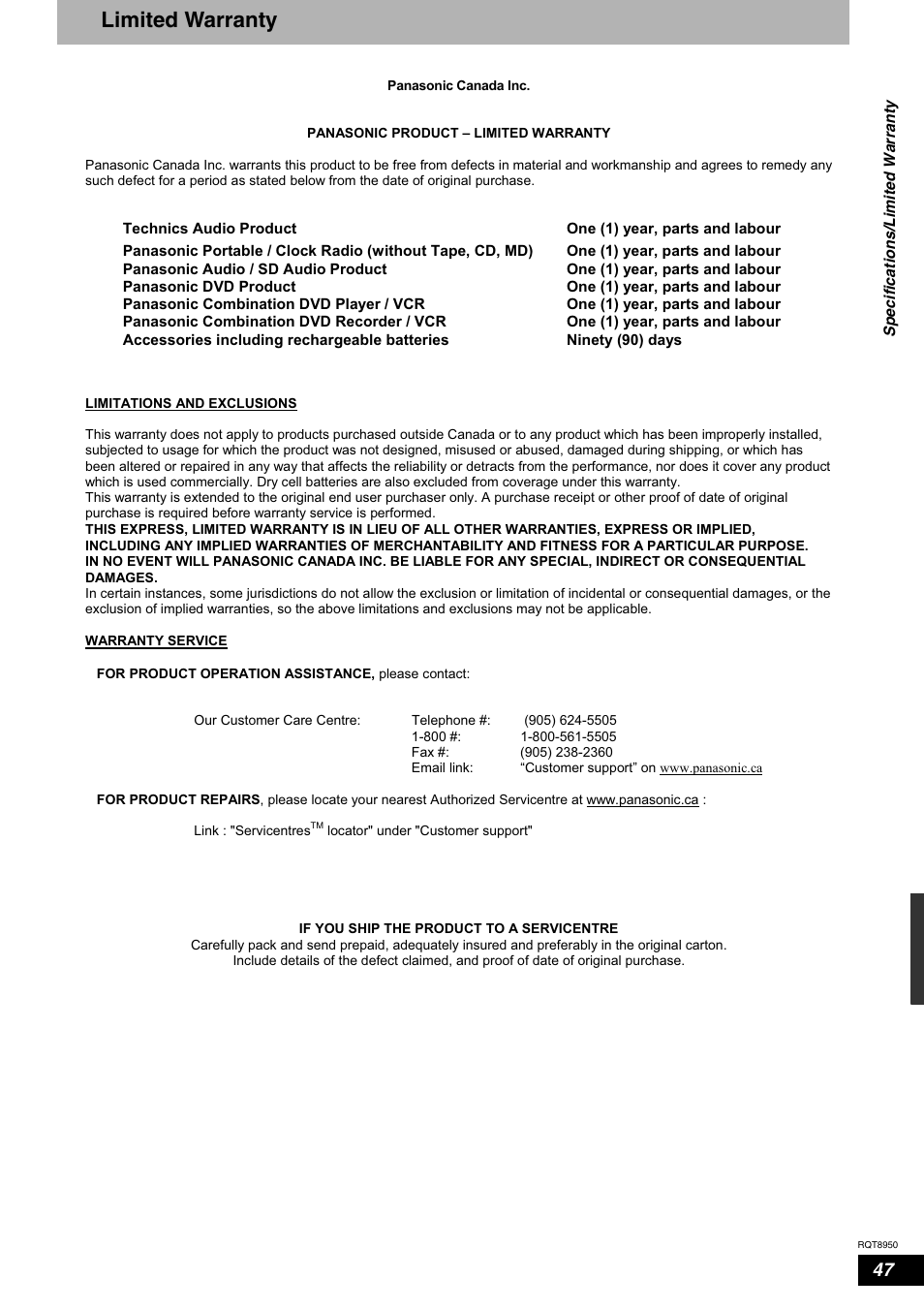 Limited warranty | Panasonic DMR-ES16 User Manual | Page 47 / 48