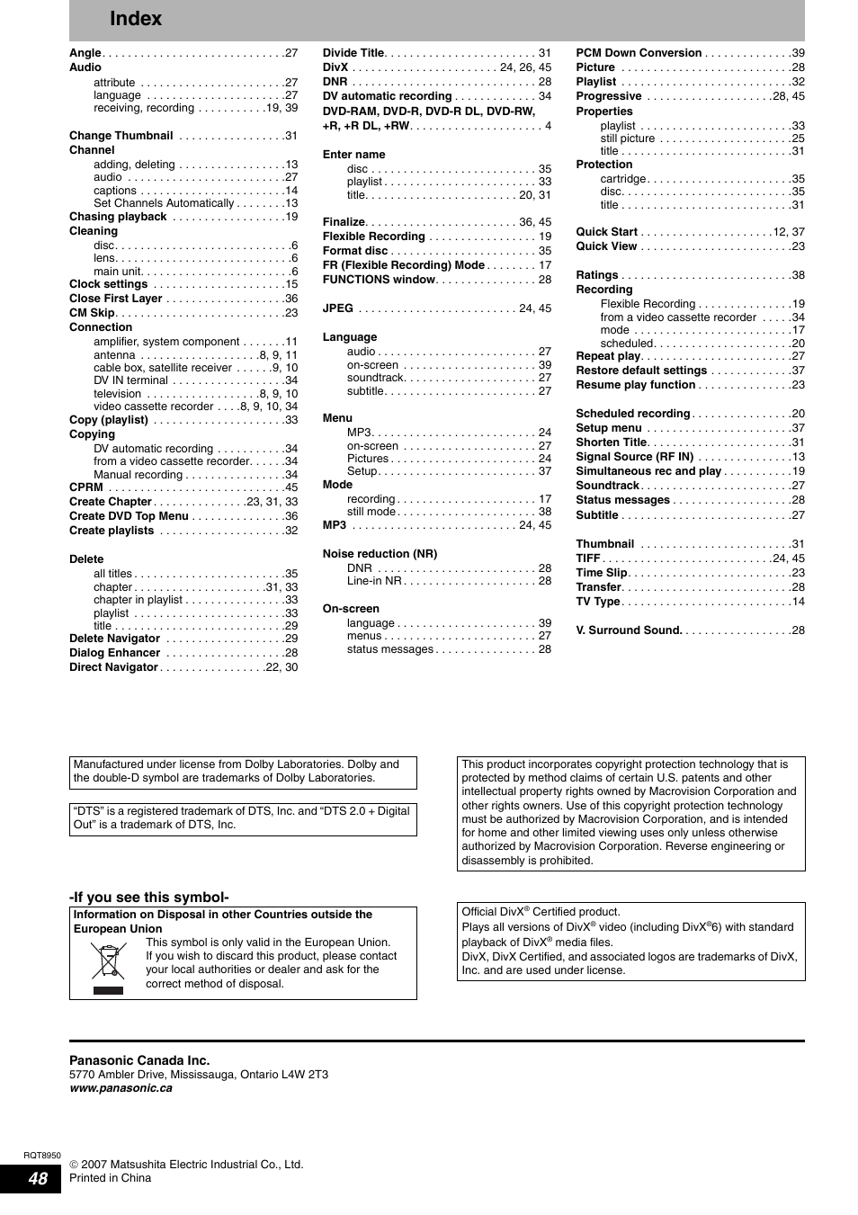 Index | Panasonic DMR-ES16 User Manual | Page 48 / 48