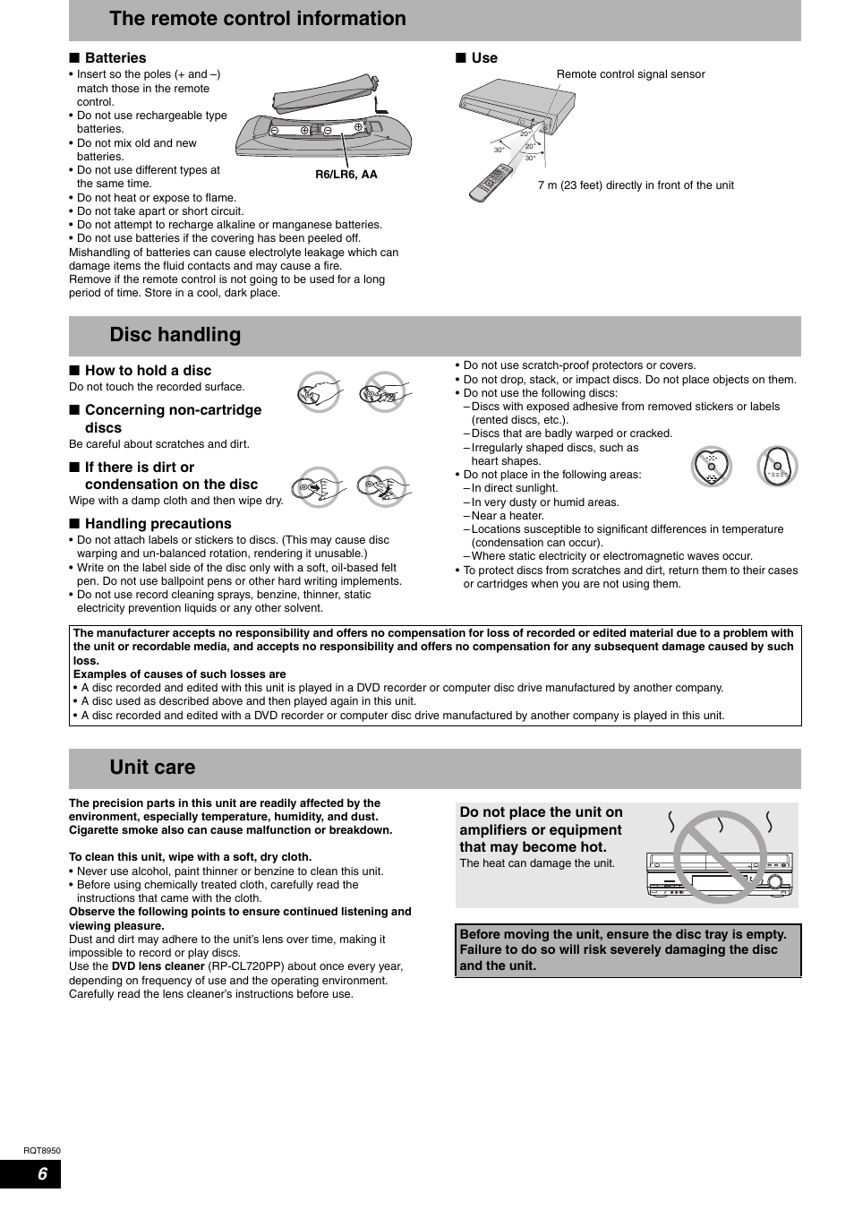 The remote control information, Disc handling, Unit care | Panasonic DMR-ES16 User Manual | Page 6 / 48