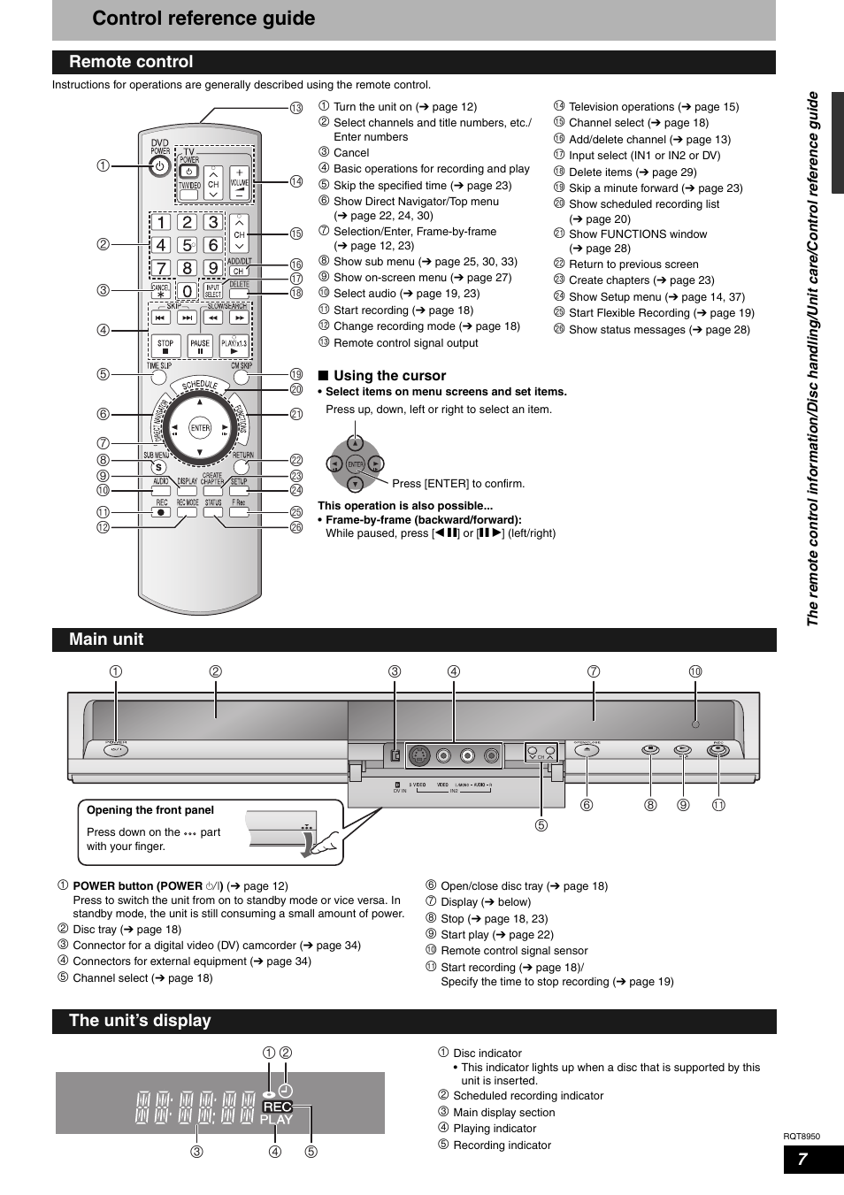 Control reference guide, Main unit the unit’s display | Panasonic DMR-ES16 User Manual | Page 7 / 48
