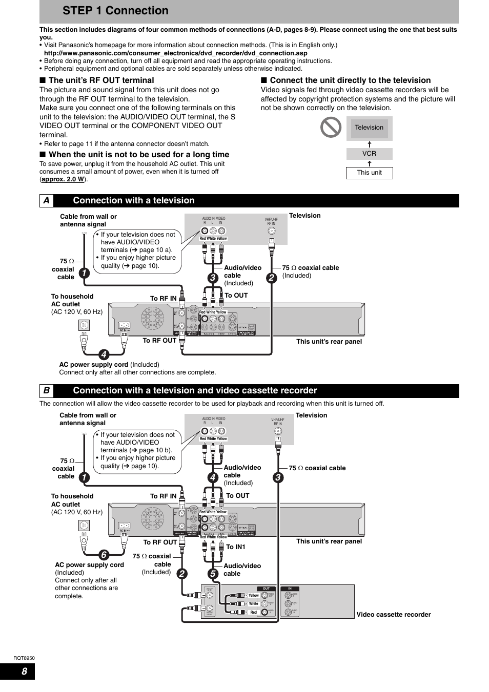 Step 1 connection, Nthe unit’s rf out terminal, Nwhen the unit is not to be used for a long time | Nconnect the unit directly to the television | Panasonic DMR-ES16 User Manual | Page 8 / 48