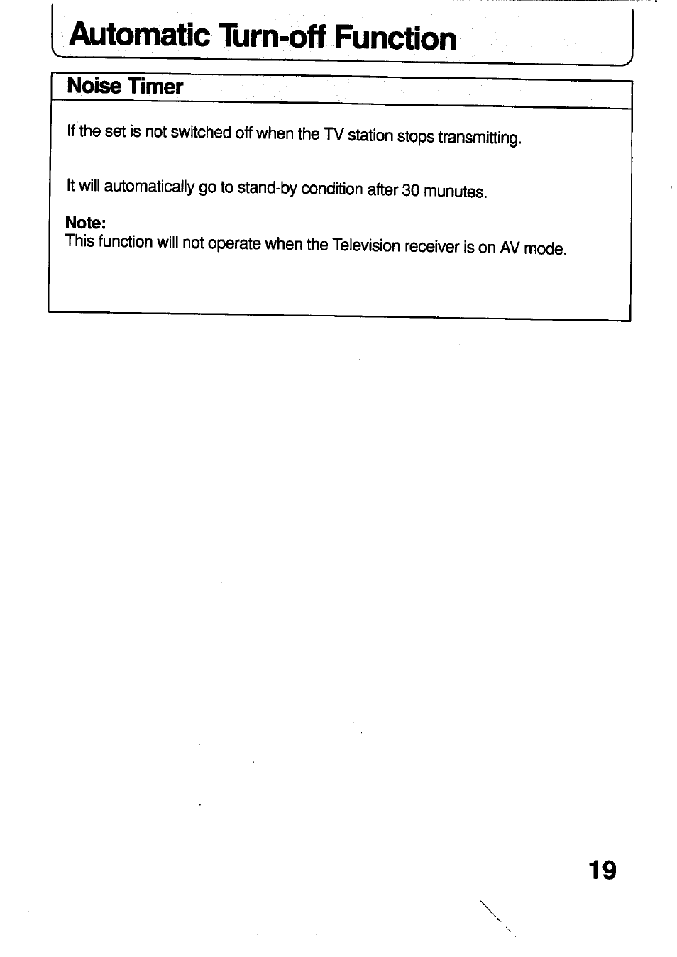 Automatic turn-off function, Automatic turn off function, Noise timer | Panasonic TC-29V1Z User Manual | Page 19 / 77