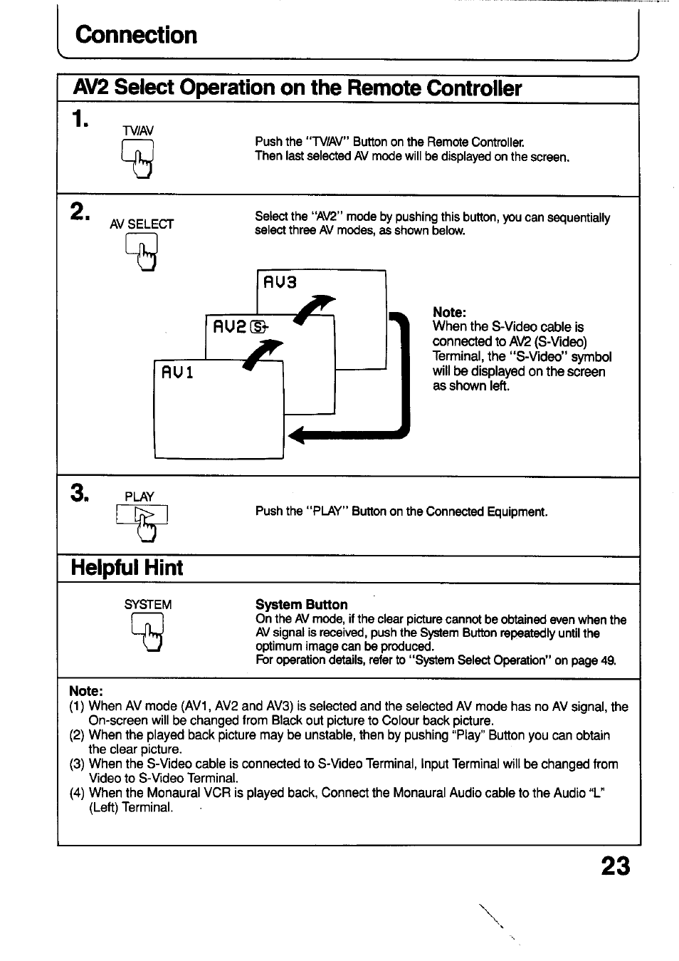 Note, System button, Connection | Helpful hint, Av2 select operation on the remote controller | Panasonic TC-29V1Z User Manual | Page 23 / 77