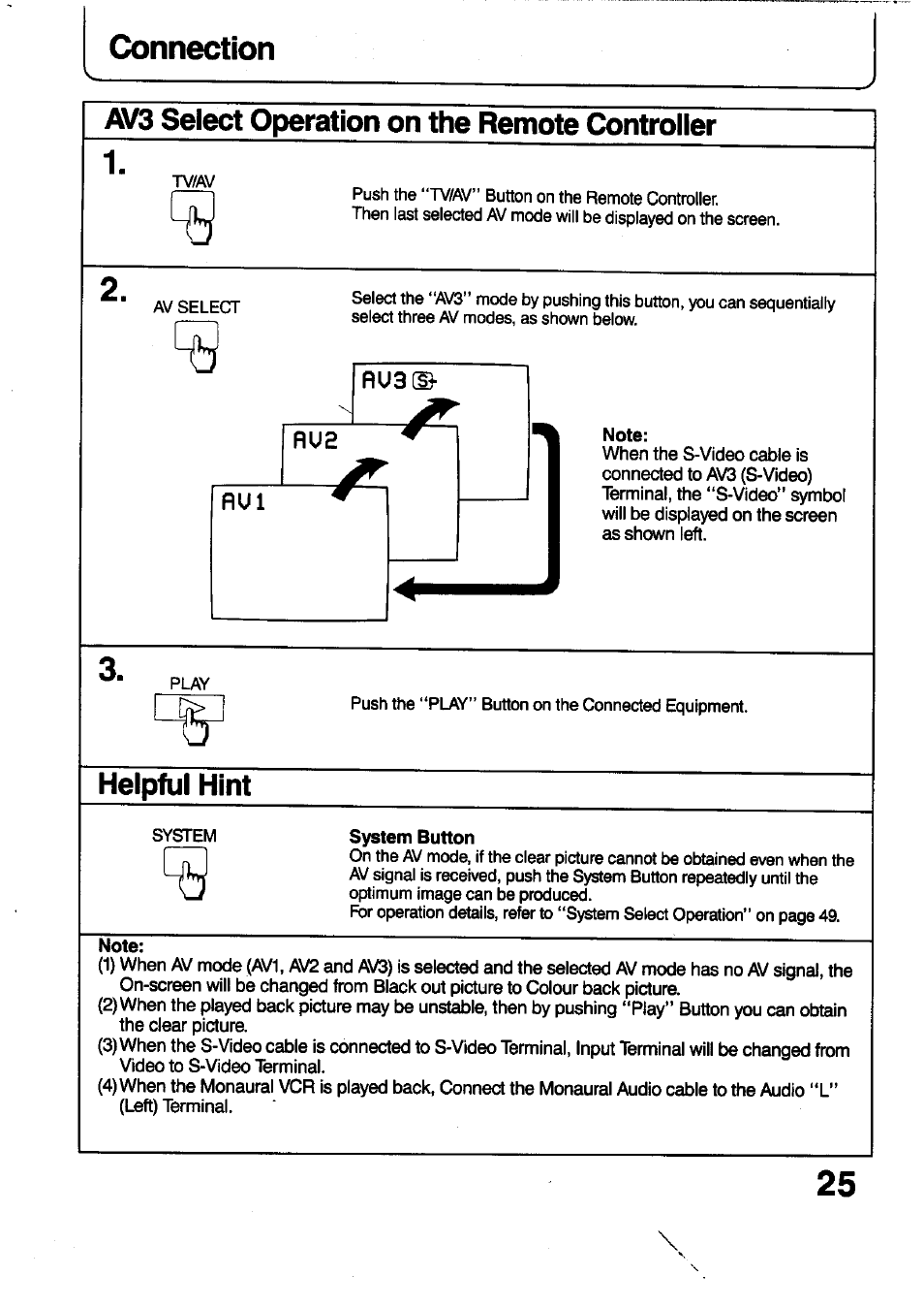 Note, Helpful hint, System button | Connection, Select operation on the remote controller | Panasonic TC-29V1Z User Manual | Page 25 / 77