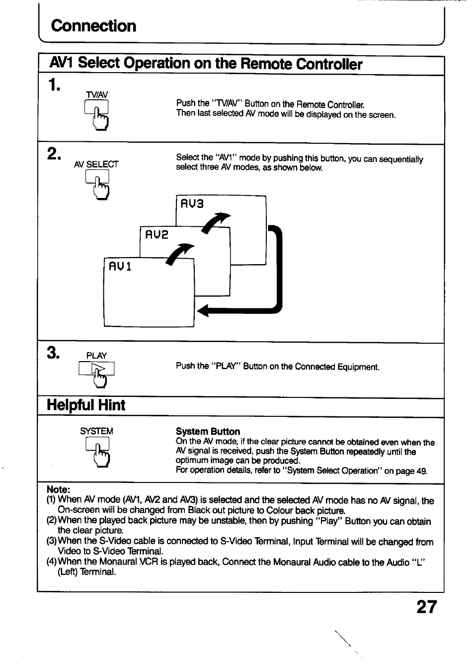 Av1 select operation on the remote controller, Helpful hint, Connection | Panasonic TC-29V1Z User Manual | Page 27 / 77