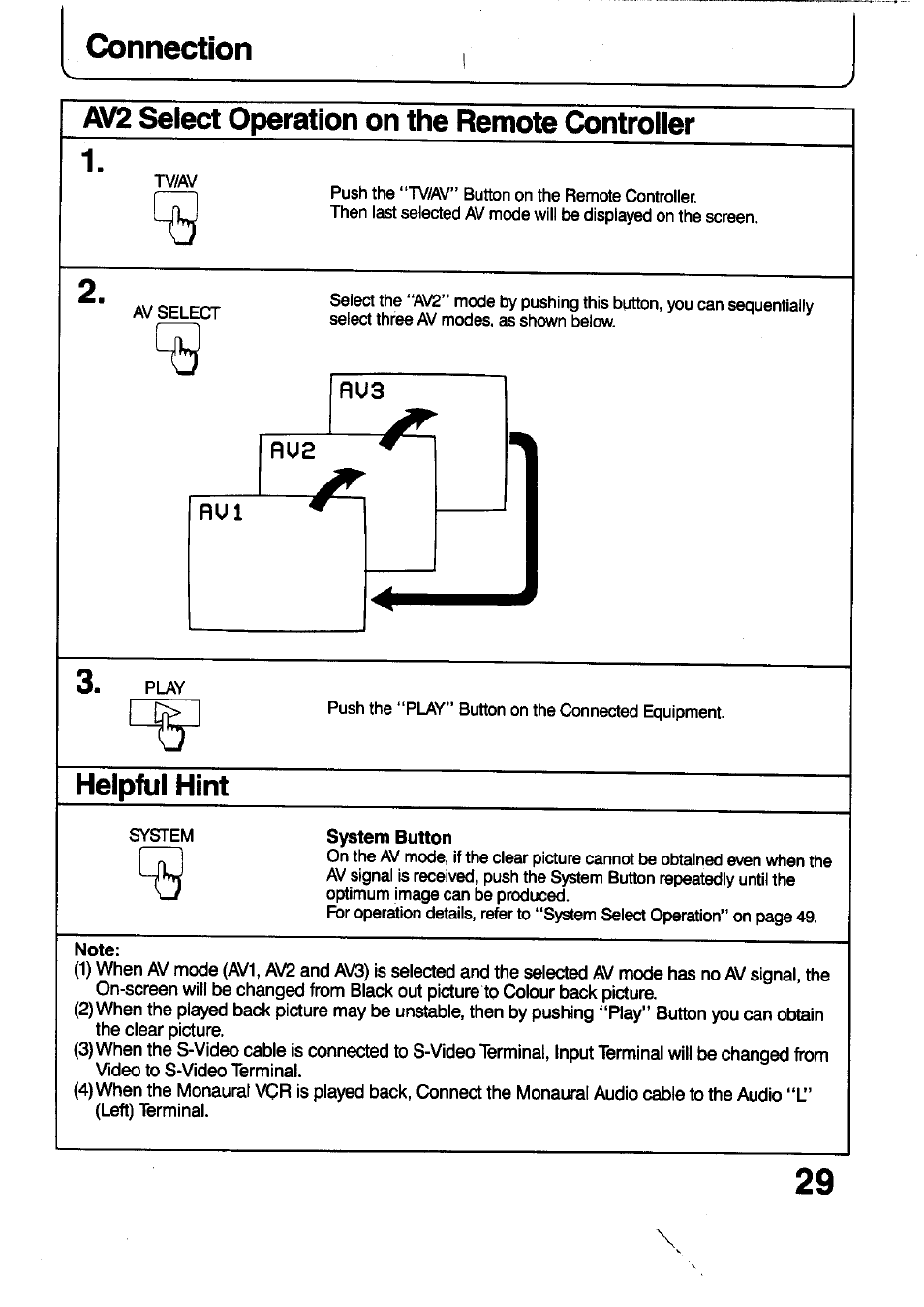 Connection, Ohelpful hint, Av2 select operation on the remote controller | Panasonic TC-29V1Z User Manual | Page 29 / 77
