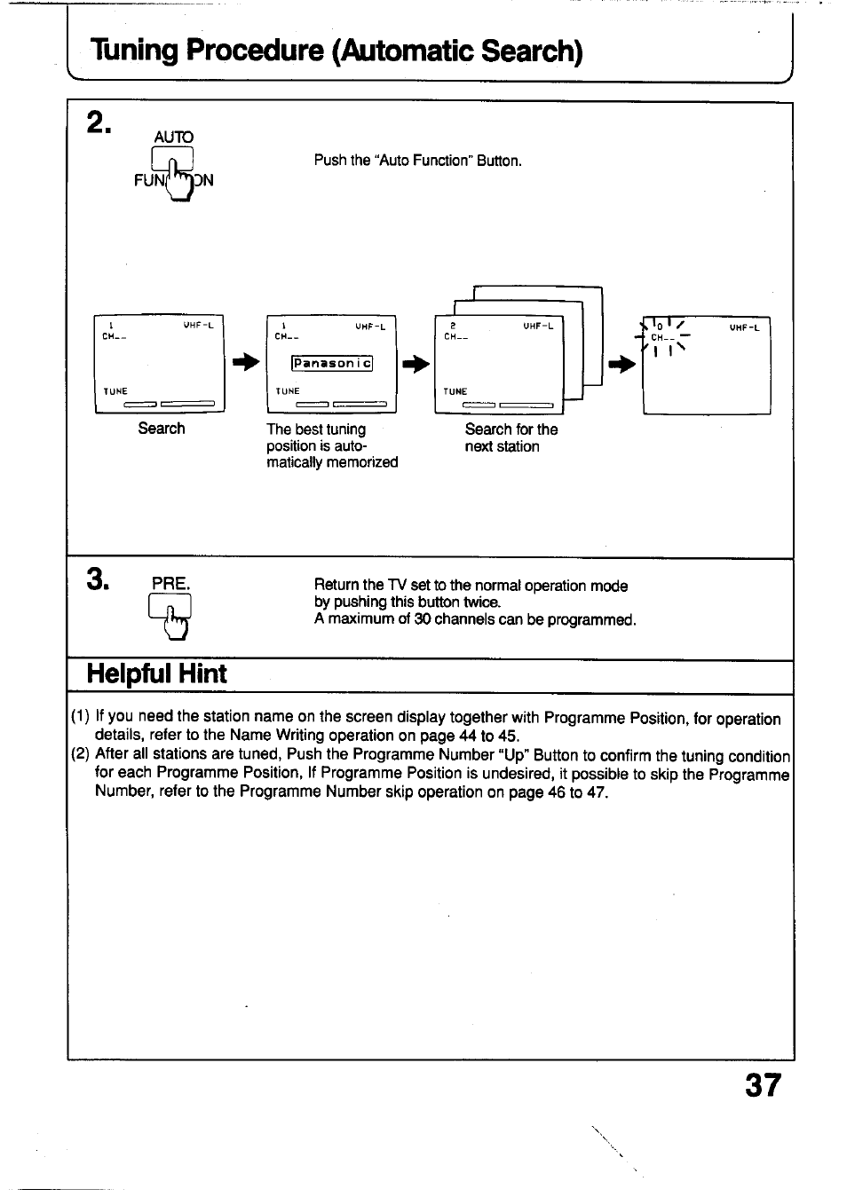 Tuning procedure (automatic search), Helpful hint | Panasonic TC-29V1Z User Manual | Page 37 / 77