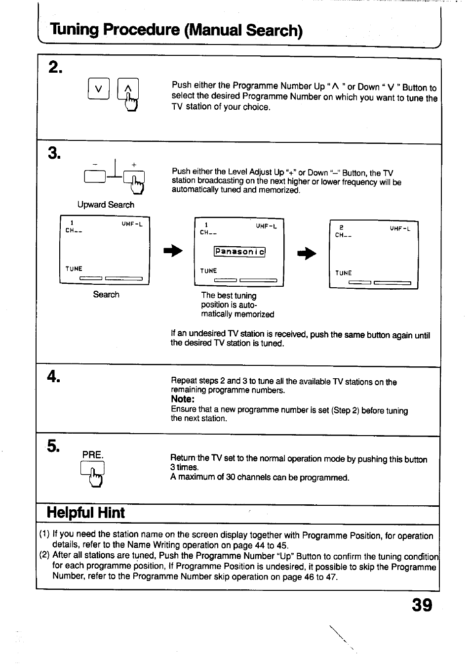 Tuning procedure (manual search), Helpful hint | Panasonic TC-29V1Z User Manual | Page 39 / 77