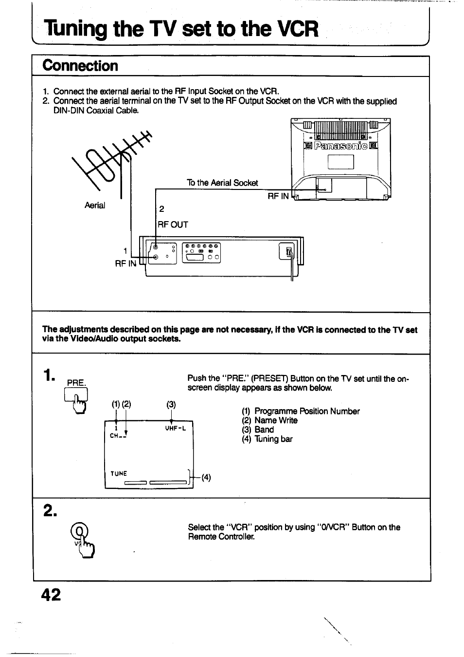 Tuning the tv set to the vcr, Connection | Panasonic TC-29V1Z User Manual | Page 42 / 77