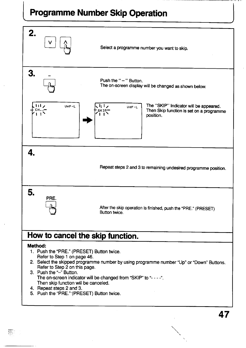 Programme number skip operation, How to cancel the skip function, Method | Panasonic TC-29V1Z User Manual | Page 47 / 77