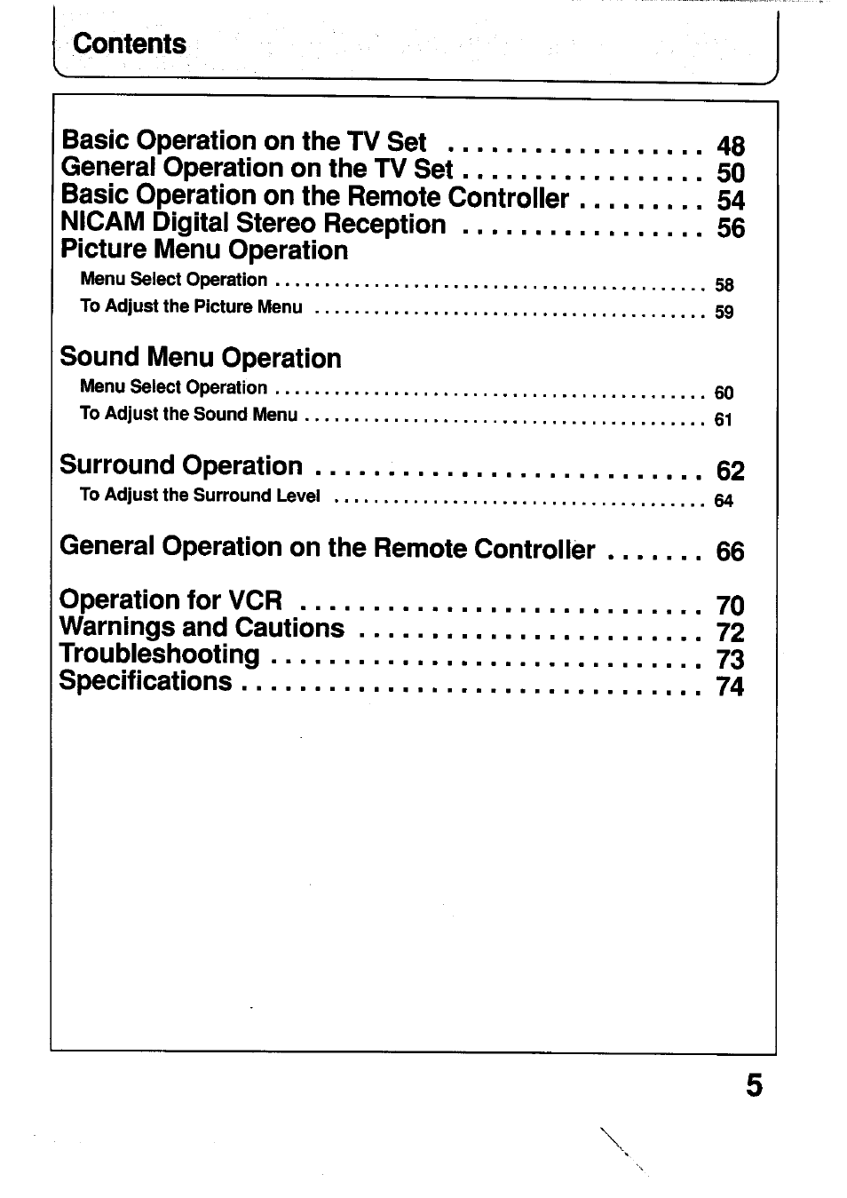 Sound menu operation, Surround operation | Panasonic TC-29V1Z User Manual | Page 5 / 77