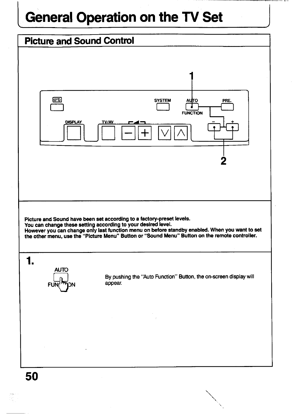 Picture and sound control, General operation on the tv set | Panasonic TC-29V1Z User Manual | Page 50 / 77