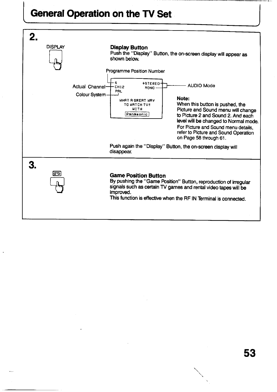 Display button, Game position button, General operation on the tv set | Panasonic TC-29V1Z User Manual | Page 53 / 77