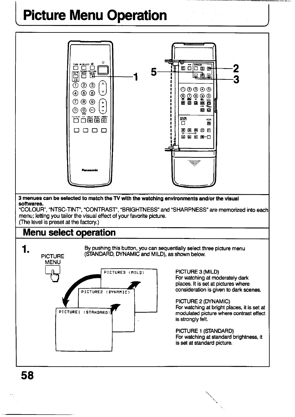 Menu select operation, Picture menu operation | Panasonic TC-29V1Z User Manual | Page 58 / 77
