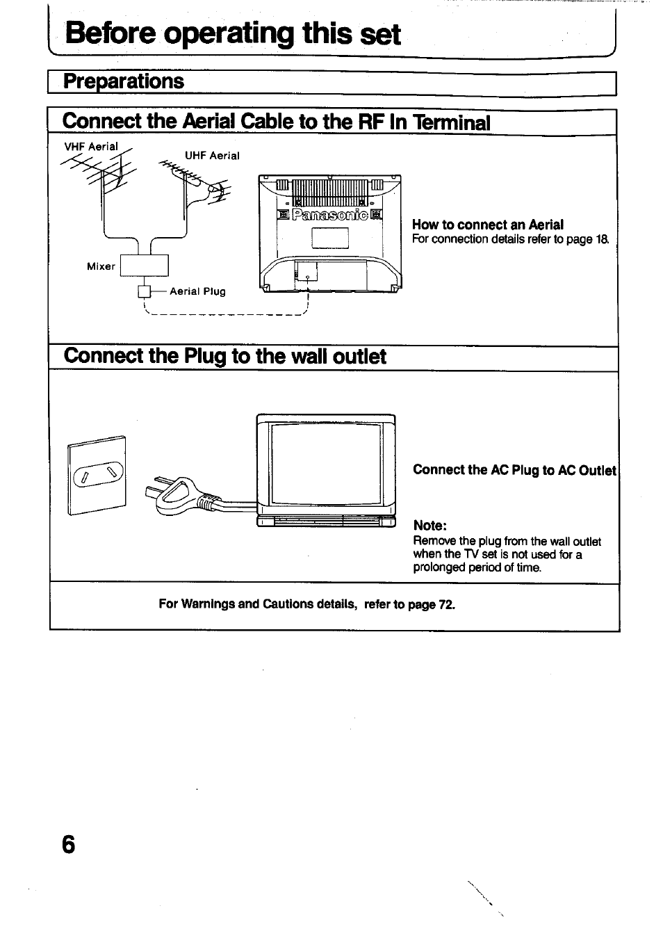 Preparations, Connect the aerial cable to the rf in terminal, Connect the plug to the wall outlet | Before operating this set | Panasonic TC-29V1Z User Manual | Page 6 / 77