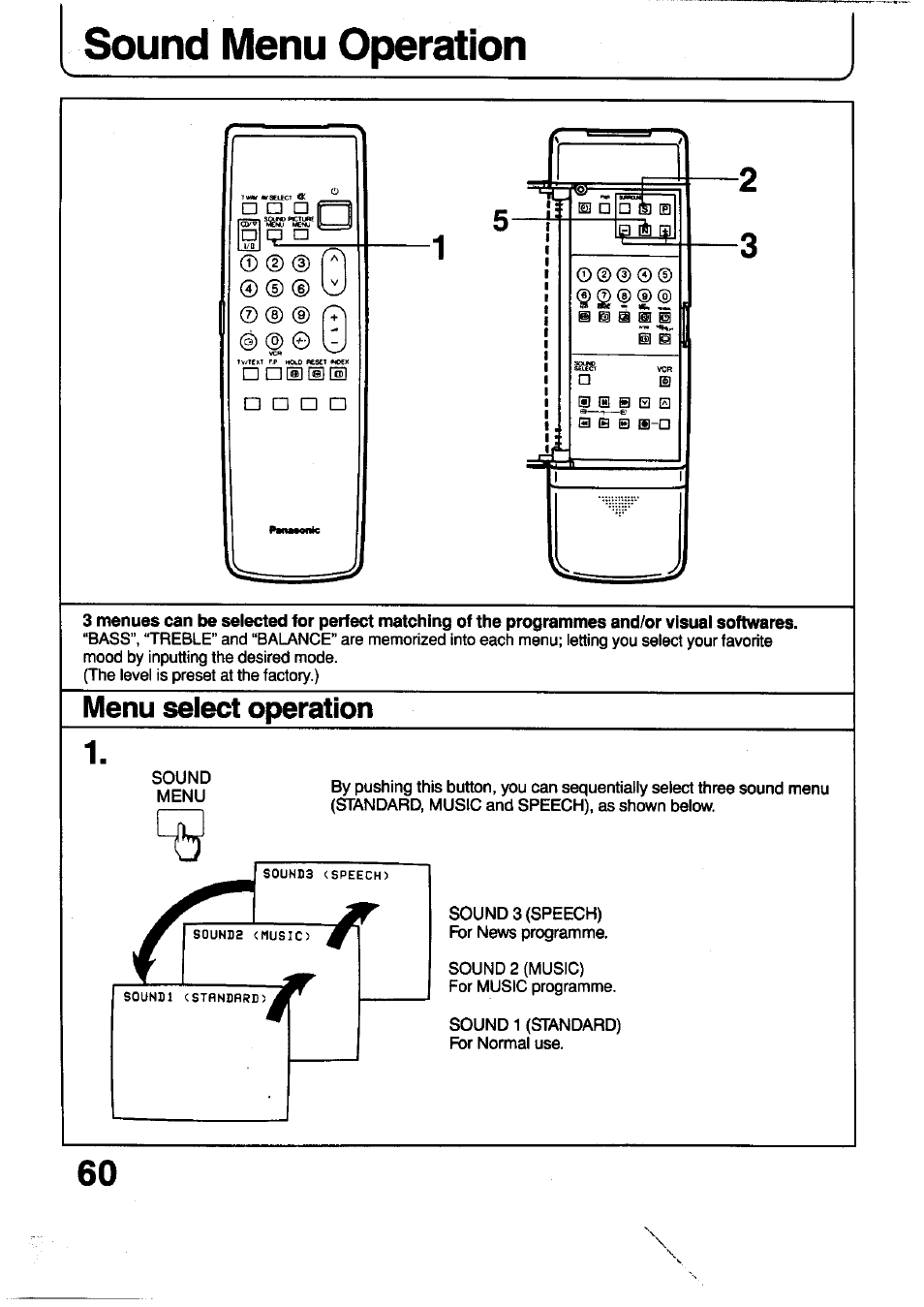 Sound menu operation 60 | Panasonic TC-29V1Z User Manual | Page 60 / 77