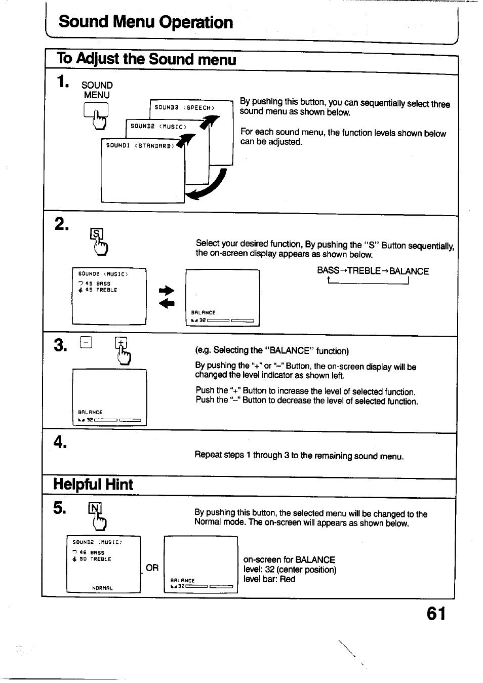 Helpful hint, T______________ i, Sound menu operation | Panasonic TC-29V1Z User Manual | Page 61 / 77