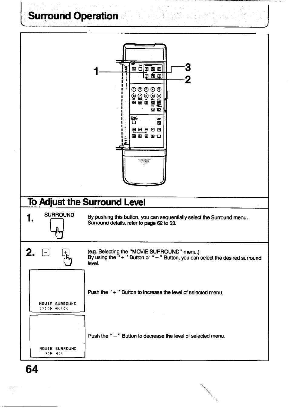 To adjust the surround level, To adjust the sound menu, Surround operation | Panasonic TC-29V1Z User Manual | Page 64 / 77