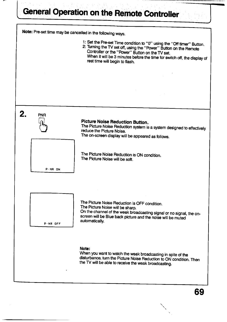 Picture noise reduction button, General operation on the remote controller | Panasonic TC-29V1Z User Manual | Page 69 / 77