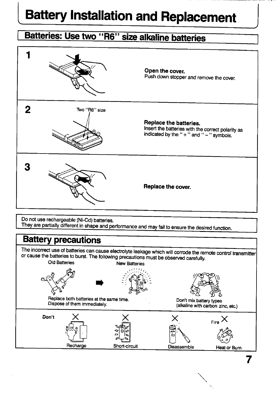Battery installation and replacement, Batteries: use two “r6” size aiicaiine batteries, Open the cover | Replace the batteries, Replace the cover, Battery precautions, Battery instaliation and repiacement | Panasonic TC-29V1Z User Manual | Page 7 / 77