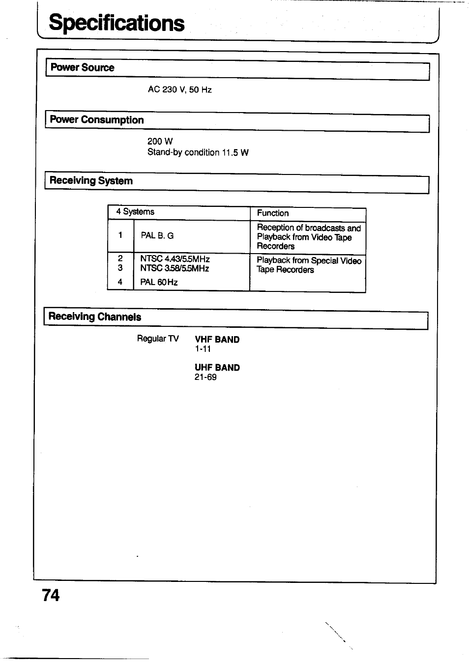 Specifications, Vhp band, Uhf band | Panasonic TC-29V1Z User Manual | Page 74 / 77