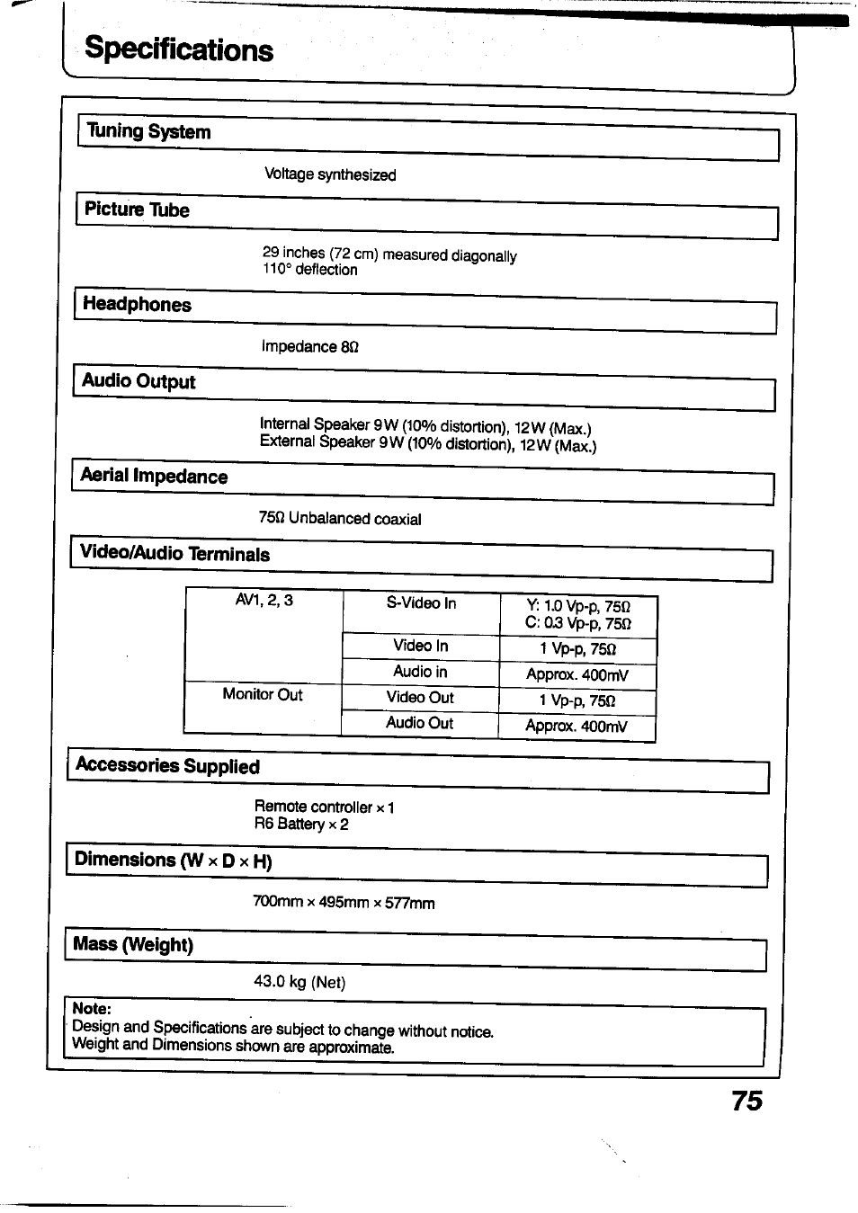 Specifications | Panasonic TC-29V1Z User Manual | Page 75 / 77