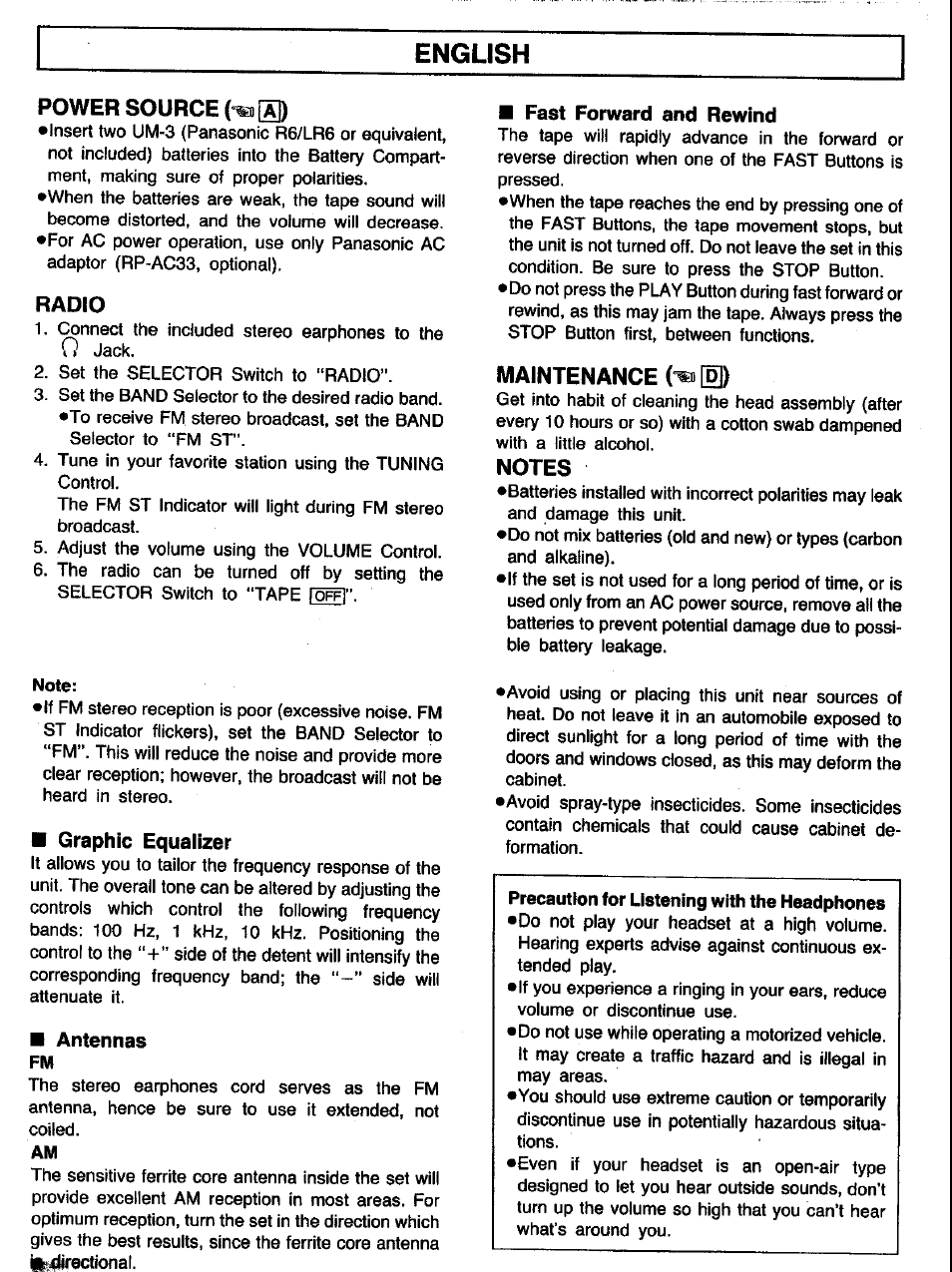 Power source, Radio, Maintenance e) | Notes, English | Panasonic RQV152 User Manual | Page 2 / 5