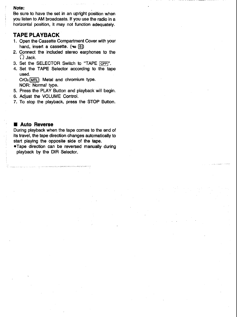 Tape playback, Auto reverse | Panasonic RQV152 User Manual | Page 3 / 5