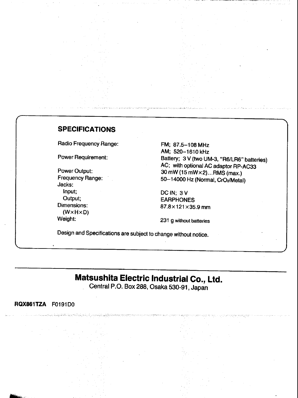 Matsushita electric industrial co., ltd | Panasonic RQV152 User Manual | Page 5 / 5