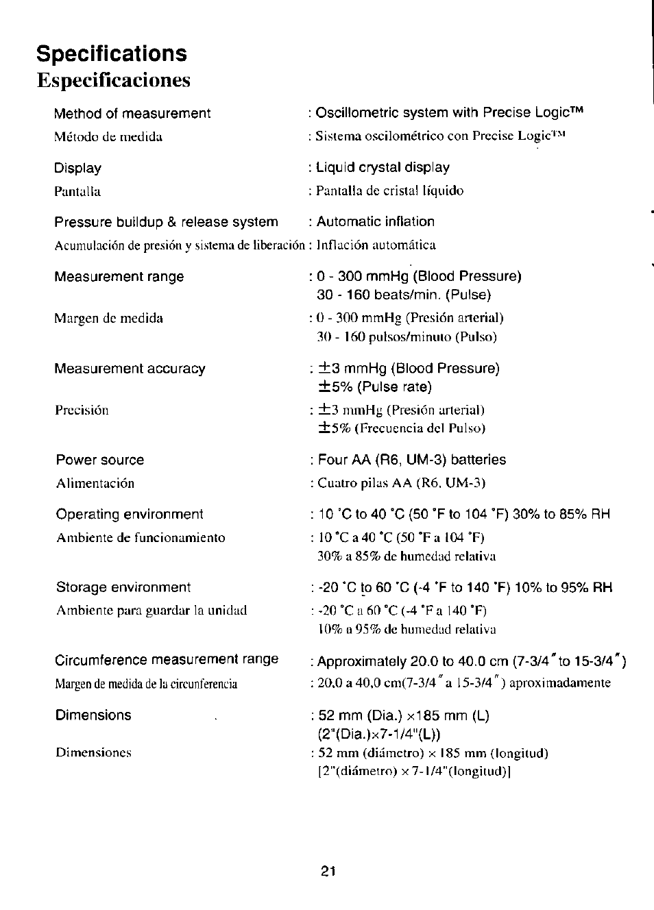 Specifications | Panasonic EW-254 User Manual | Page 22 / 24