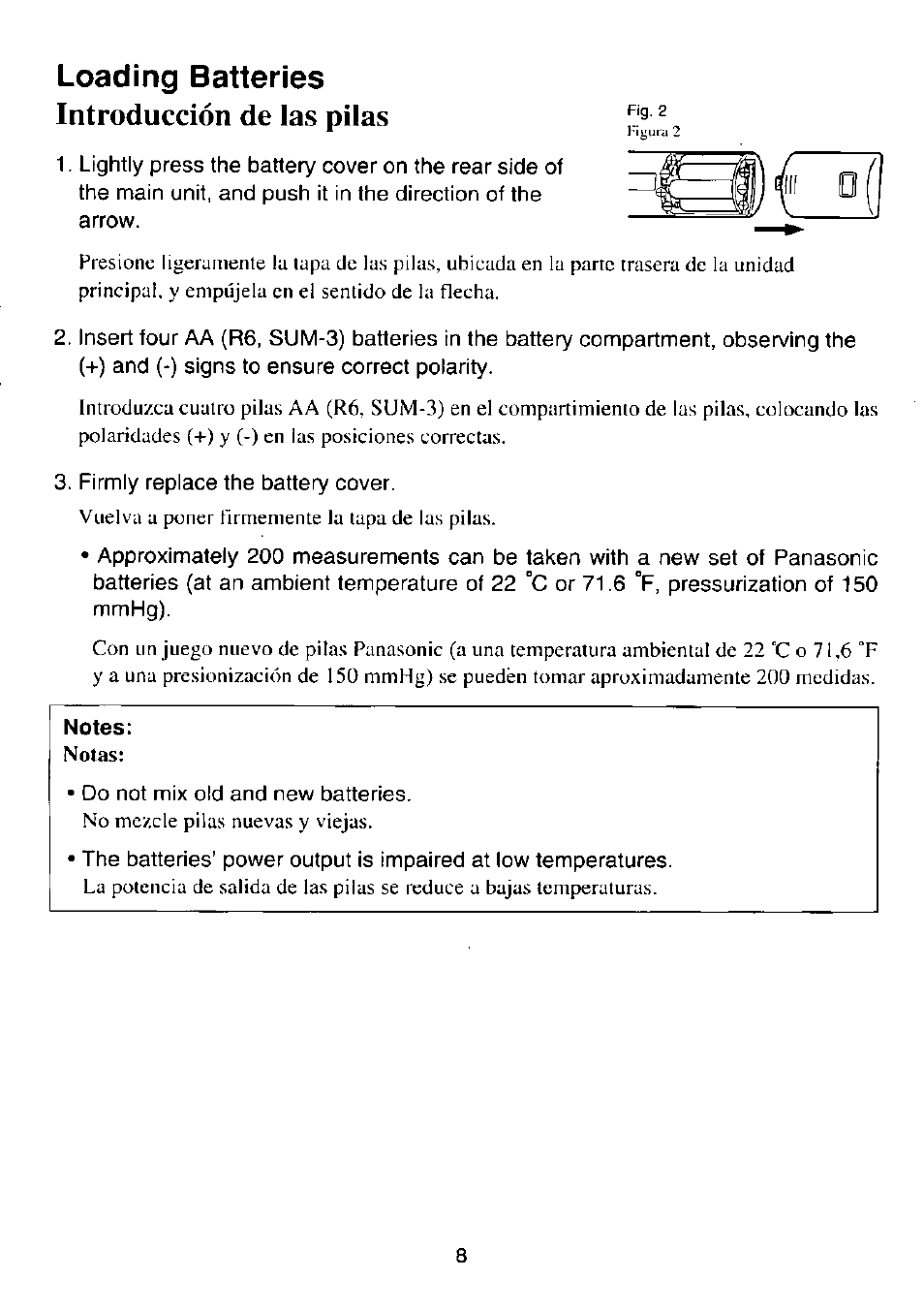 Loading batteries introducción de las pilas | Panasonic EW-254 User Manual | Page 9 / 24