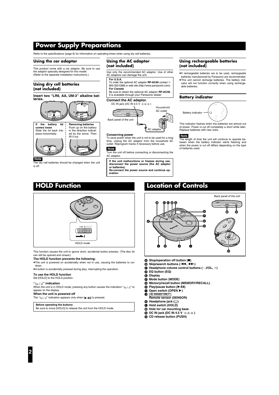 Power supply preparations, Location of controls, Hold function | Open hol d, Hol d vol eq mem ory /rec all mod e, Using the ac adaptor (not included), Using dry cell batteries (not included), Using the car adaptor, Using rechargeable batteries (not included), Battery indicator | Panasonic SL-SX391C User Manual | Page 2 / 8