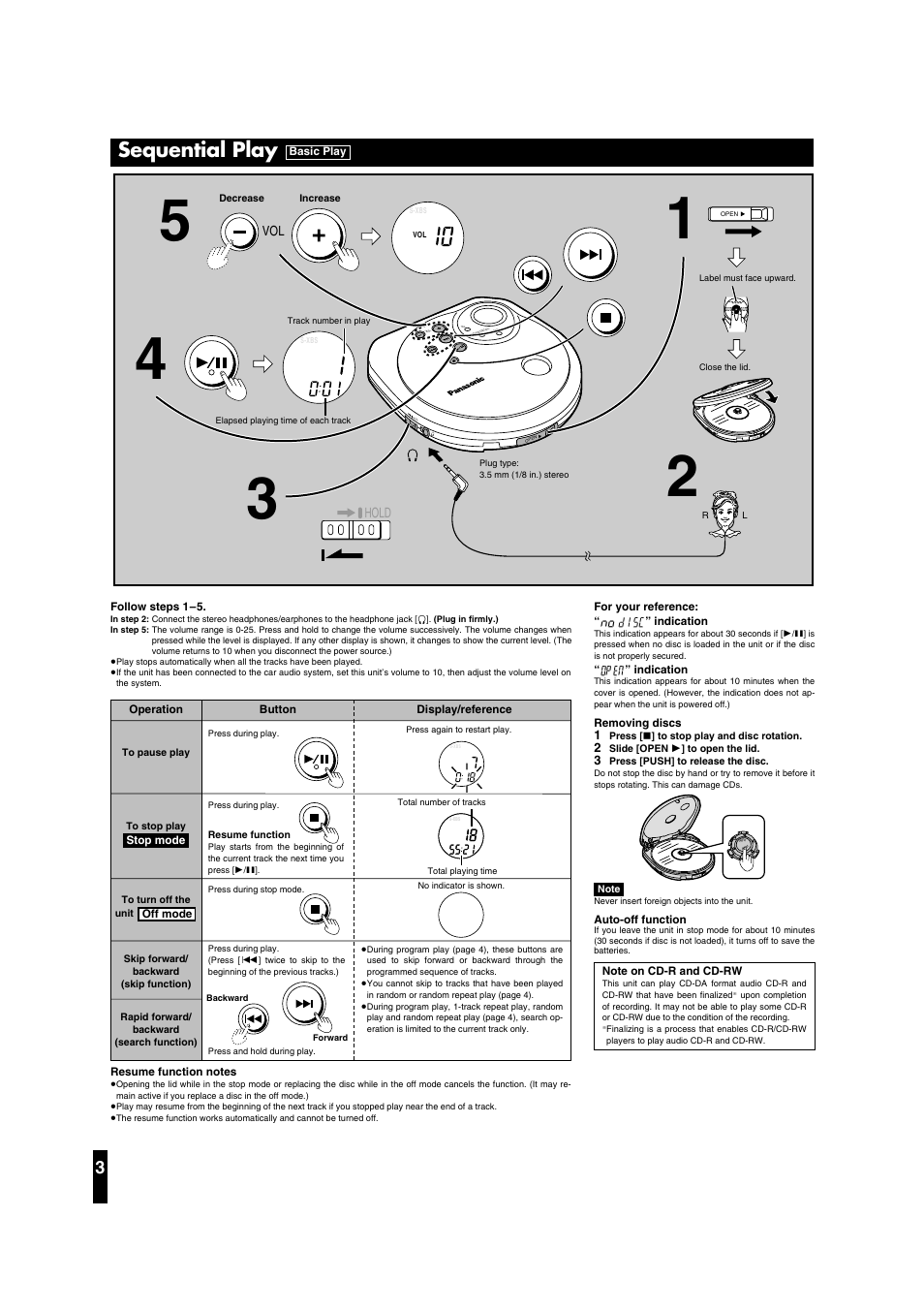 Sequential play, Open hol d, Hold | Panasonic SL-SX391C User Manual | Page 3 / 8