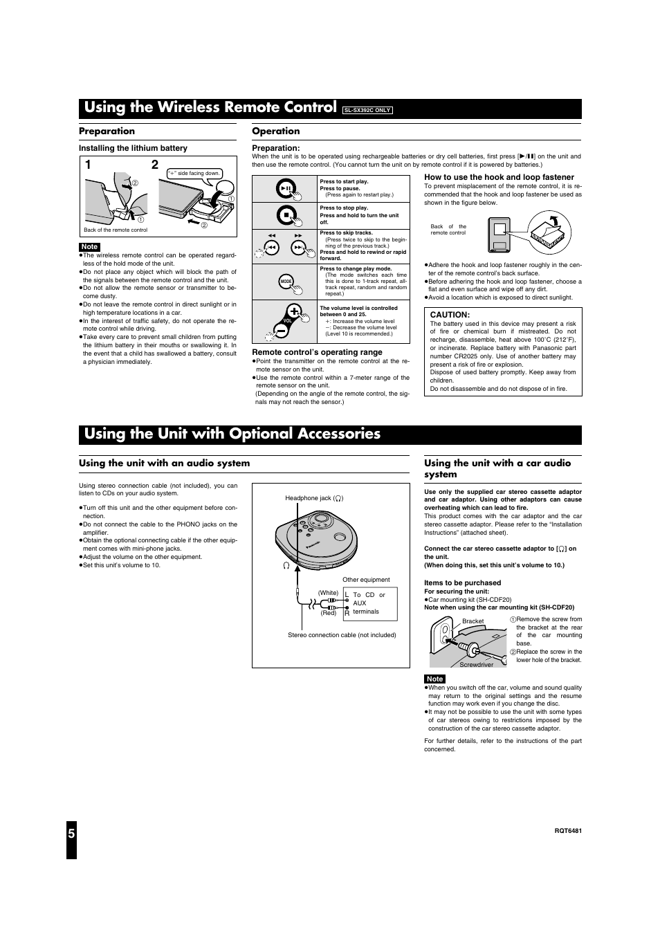 Using the unit with optional accessories, Using the wireless remote control, Using the unit with a car audio system | Using the unit with an audio system, Preparation, Operation | Panasonic SL-SX391C User Manual | Page 5 / 8