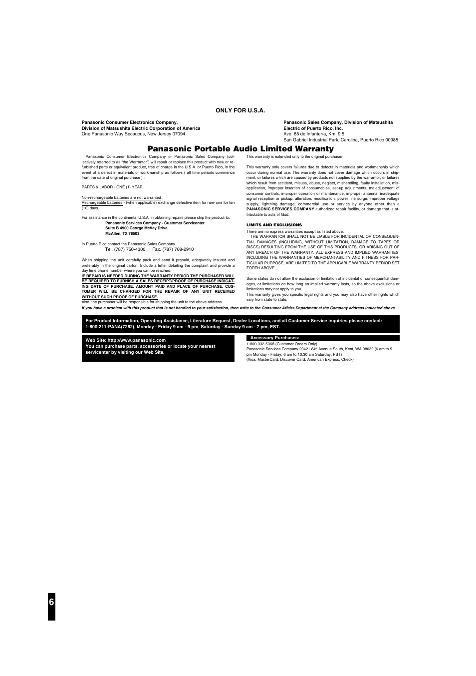 Panasonic portable audio limited warranty | Panasonic SL-SX391C User Manual | Page 6 / 8