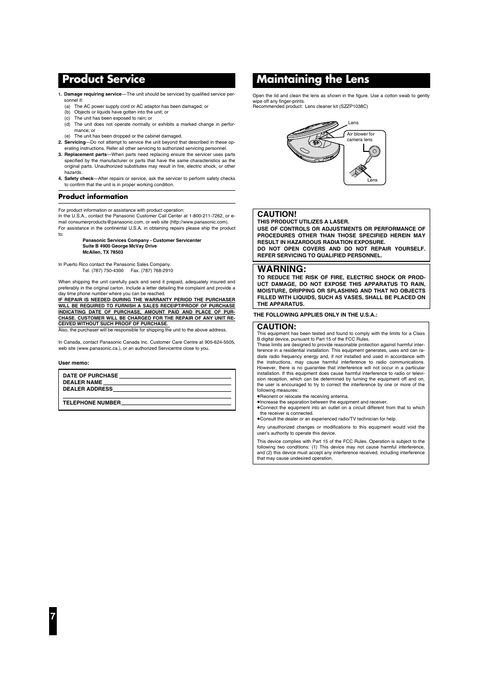 Maintaining the lens, Product service, Warning | Caution, Hol d | Panasonic SL-SX391C User Manual | Page 7 / 8