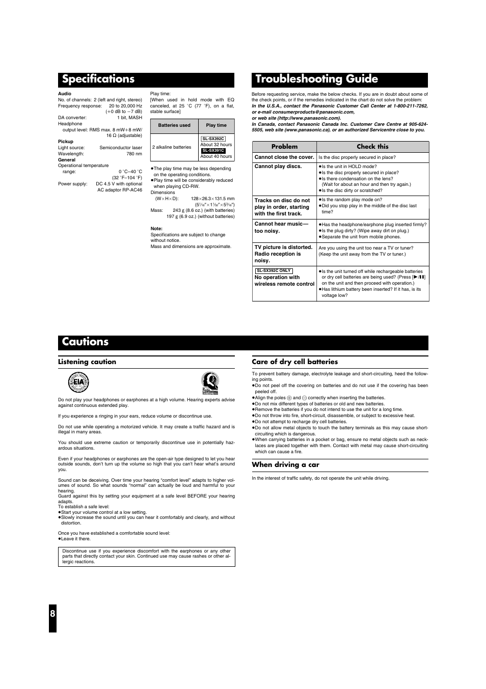 Specifications troubleshooting guide, Cautions, Listening caution | When driving a car, Care of dry cell batteries | Panasonic SL-SX391C User Manual | Page 8 / 8