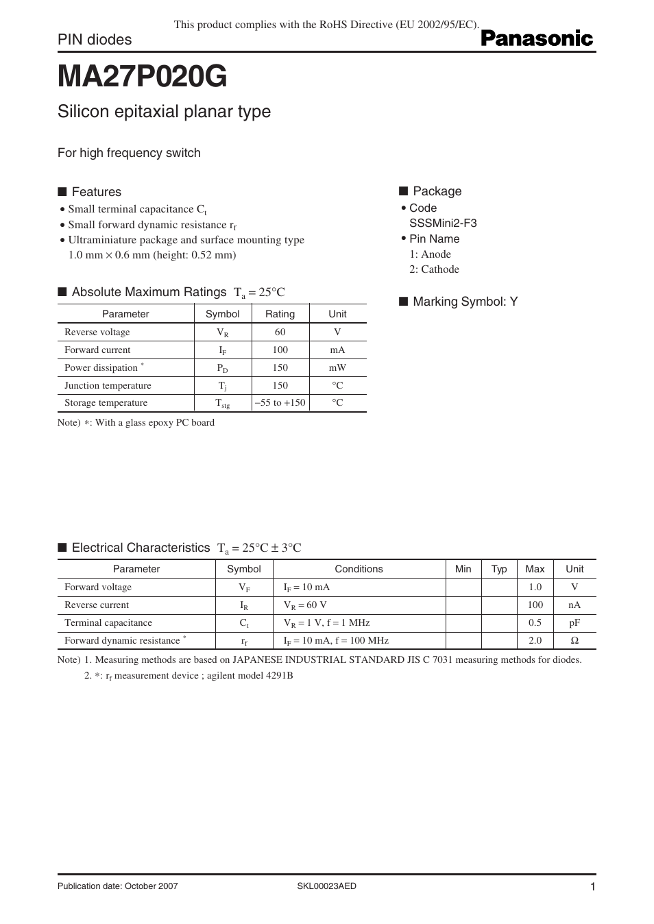Panasonic MA27P020G User Manual | 4 pages