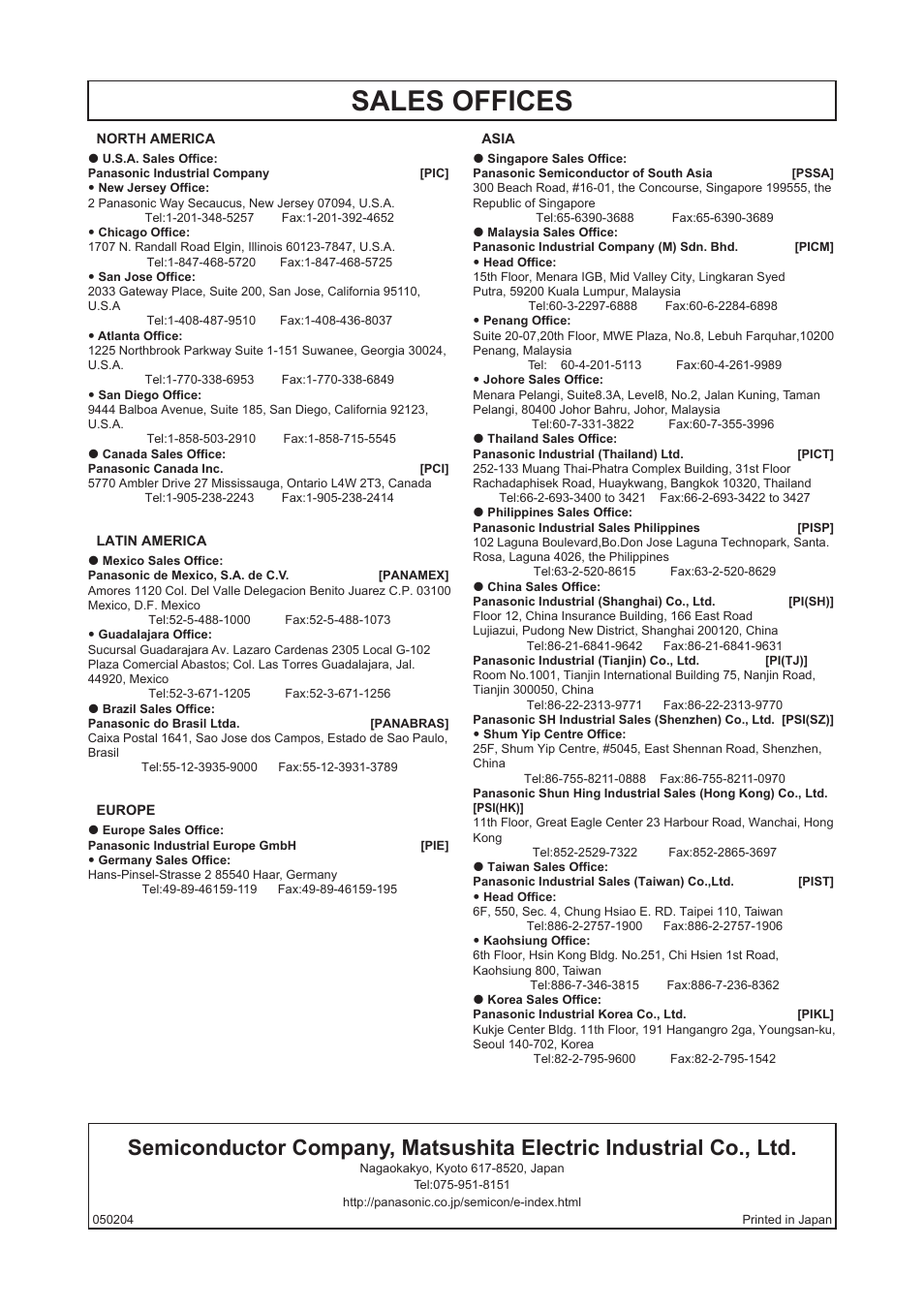 Sales offices | Panasonic MN101C77C User Manual | Page 544 / 544