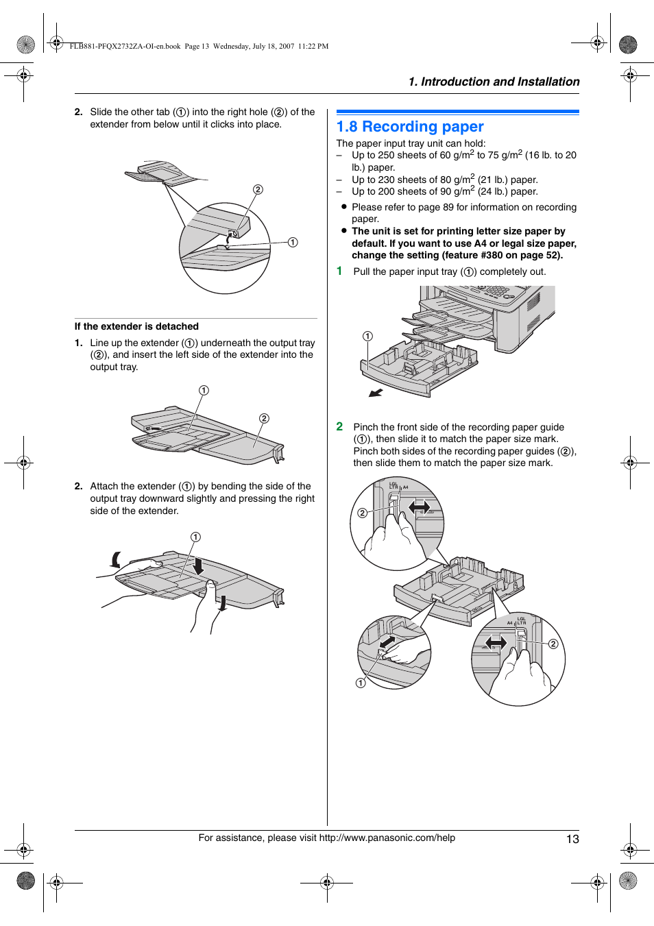 8 recording paper, Recording paper, 8 recording paper | Introduction and installation 13 | Panasonic KX-FLB881 User Manual | Page 13 / 104