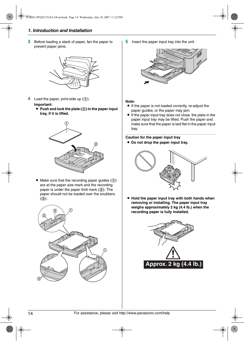 Approx. 2 kg (4.4 lb.) | Panasonic KX-FLB881 User Manual | Page 14 / 104