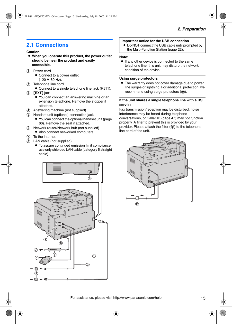 Preparation, Connections and setup, 1 connections | Connections, 1 connections | Panasonic KX-FLB881 User Manual | Page 15 / 104