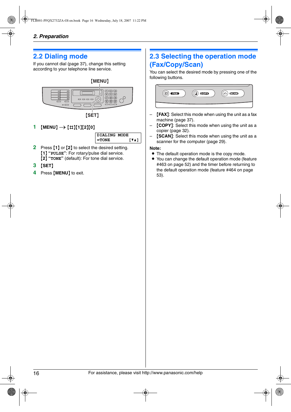 2 dialing mode, 3 selecting the operation mode (fax/copy/scan), Dialing mode | Selecting the operation mode (fax/copy/scan), 2 dialing mode, 3 selecting the operation mode (fax/copy/scan) | Panasonic KX-FLB881 User Manual | Page 16 / 104