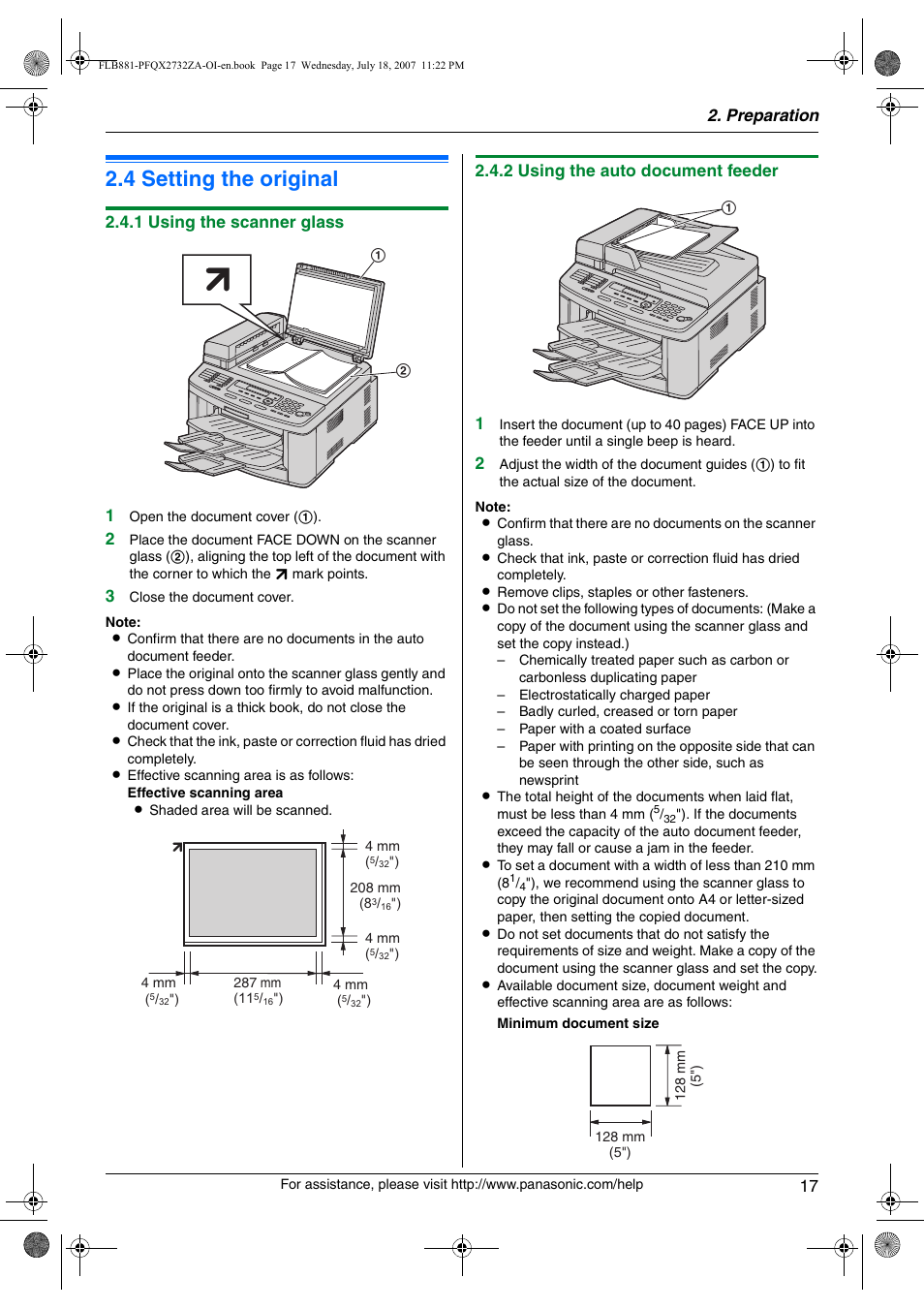 Document requirements, 4 setting the original, Setting the original | 4 setting the original | Panasonic KX-FLB881 User Manual | Page 17 / 104