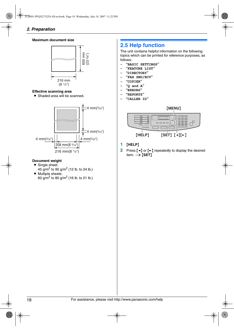 Help, 5 help function, Help function | 5 help function, Preparation 18 | Panasonic KX-FLB881 User Manual | Page 18 / 104